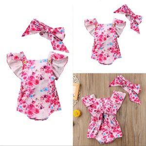 Flower Romper Bodysuit + Headband Outfits 0-6mos